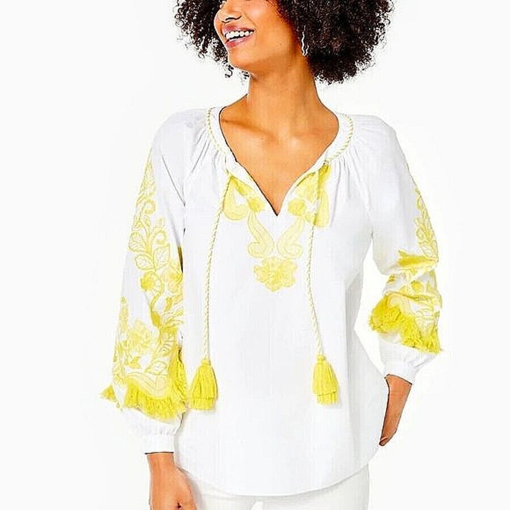 Lilly Pulitzer Kaydence Tunic Top Resort White Yellow For Women's Size XXSMALL